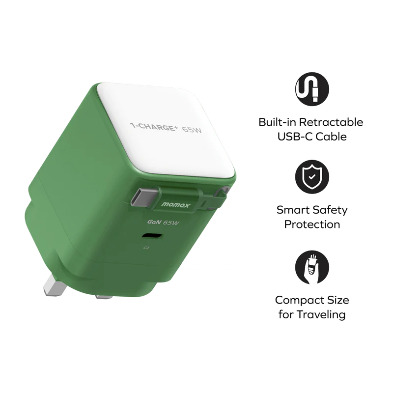 MOMAX 1-Charge+ 1-Port GaN Charger With Built-In USB-C Cable 65W