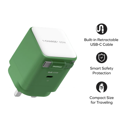 MOMAX 1-Charge+ 1-Port GaN Charger With Built-In USB-C Cable 65W